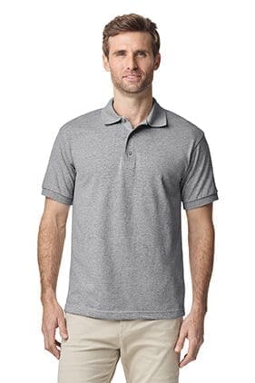 Man wearing a gray polo shirt.