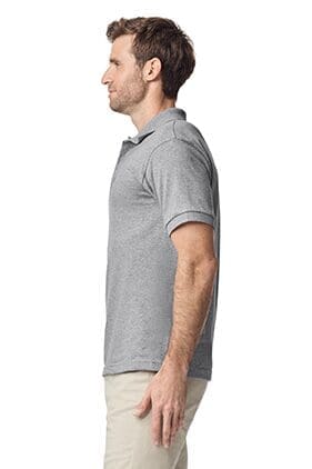 Man in gray polo shirt, side view.