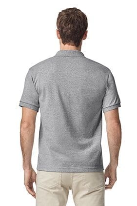 Man wearing gray polo shirt, back view.